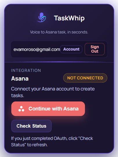 TaskWhip OAuth Screen